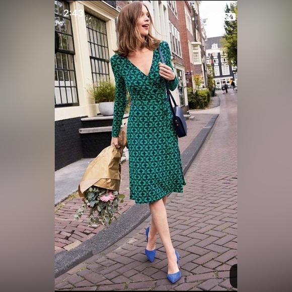 Boden Jersey Wrap Midi Dress Blue Black Print Long Sleeve Sz 6P - Picture 2 of 14